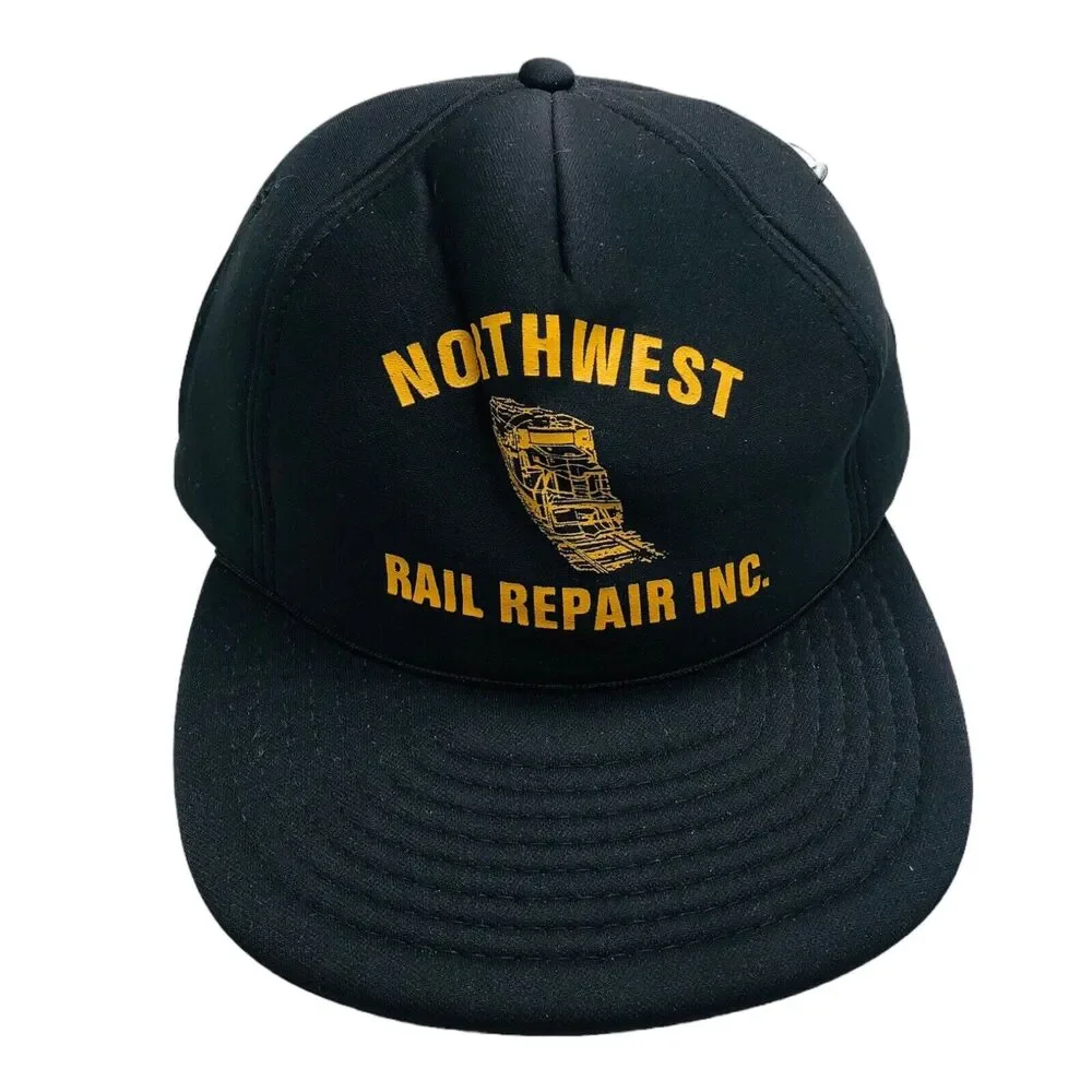 Northwest Rail Repair Snapback Trucker Hat Baseball Cap VTG Black Yellow Train